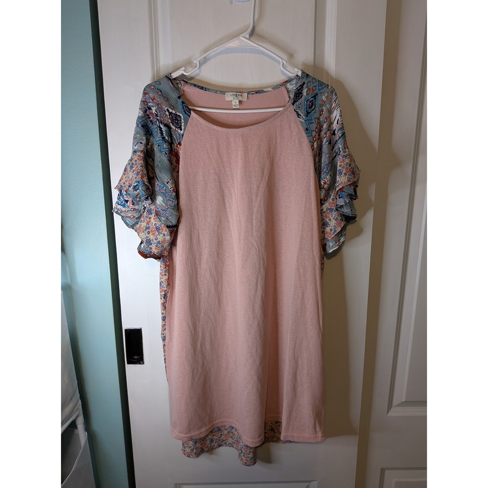 Umgee USA Pink Mixed Media Floral Geometric Ruffle Sleeve Shift Dress Small